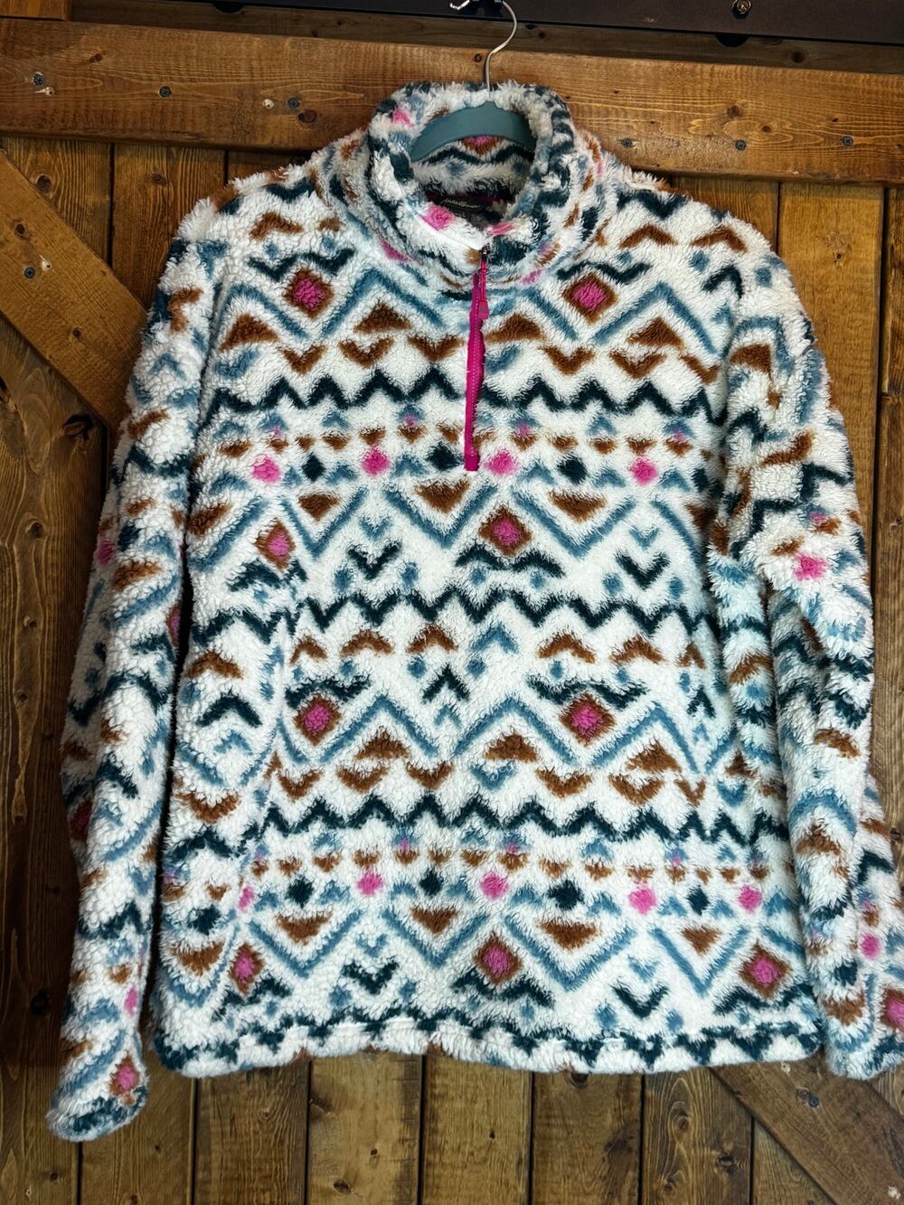 Womens Eddie Bauer Sz Large Multicolor Aztec Sherpa Pullover Geometric 1/4 Zip